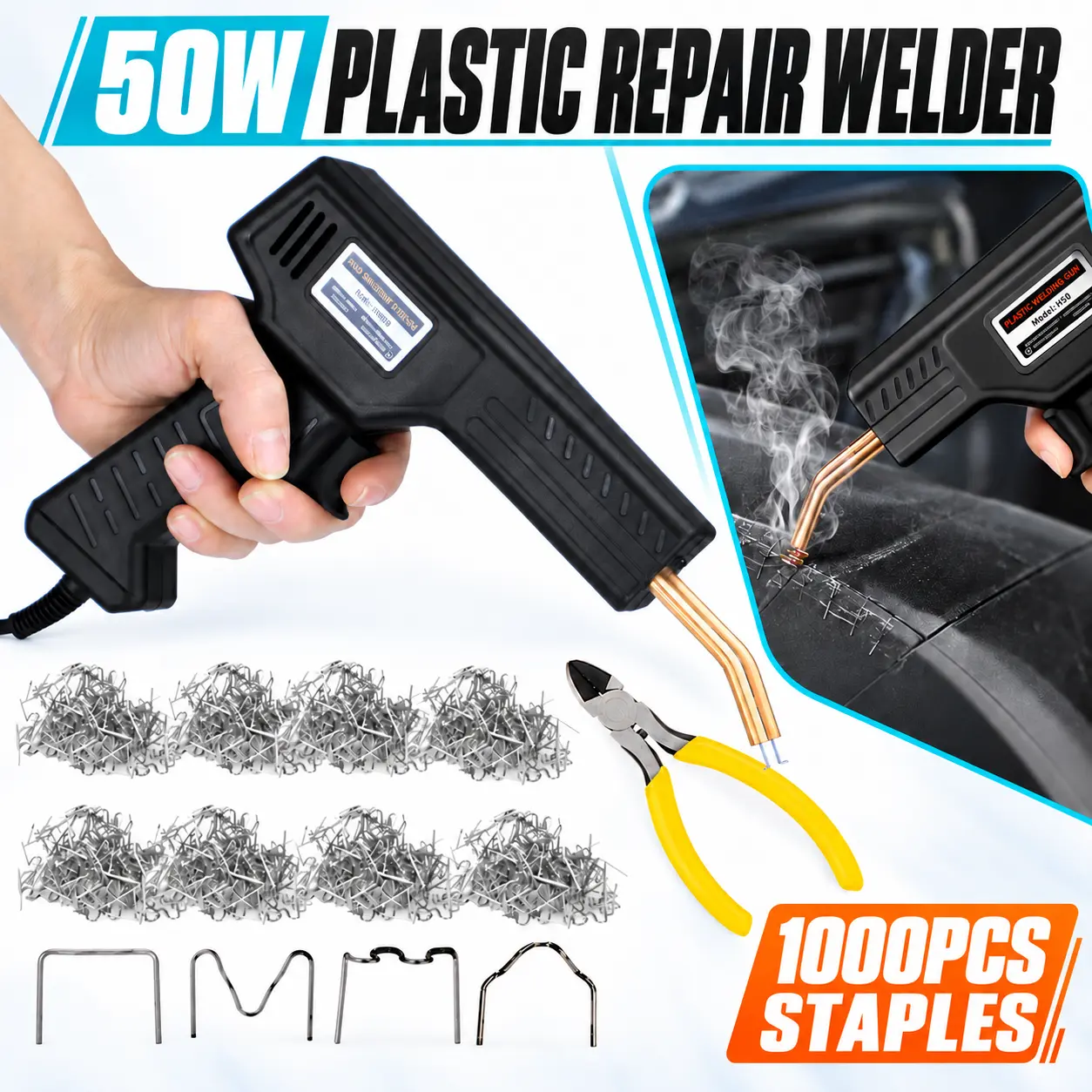 50W Plastic Welder With 1000pcs Welding Nails +Pincers Overheating Protection Plastic Welding Gun Auto Bumper Repair Tool Kit Portable Soldering Iron Gun Welding Set