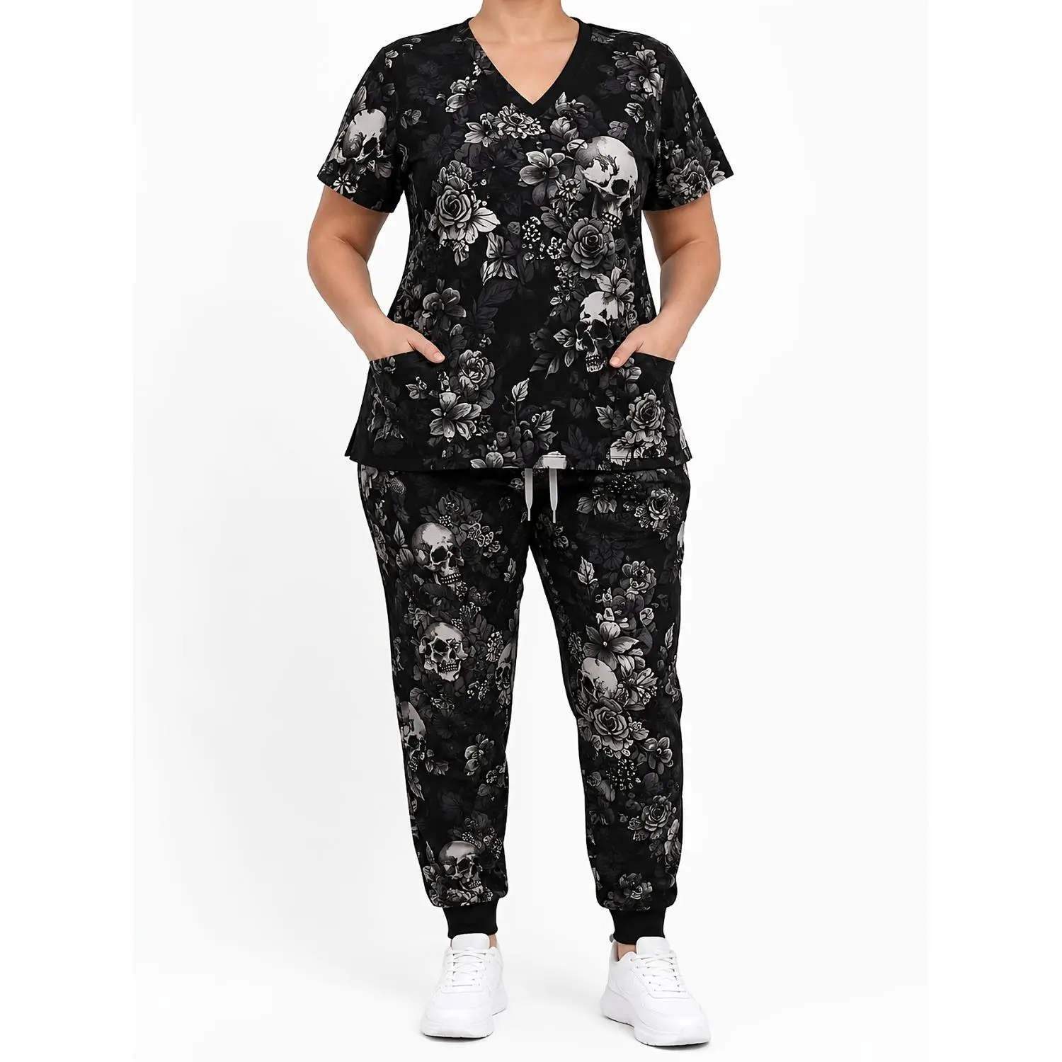 Gothic Skull Floral Plus Size Scrub Set with Side Pockets and Jogger Pants, Women's Trendy Healthcare Uniform, Comfortable Stretch Nurse Workwear, All-Over Print 2-Piece Outfit