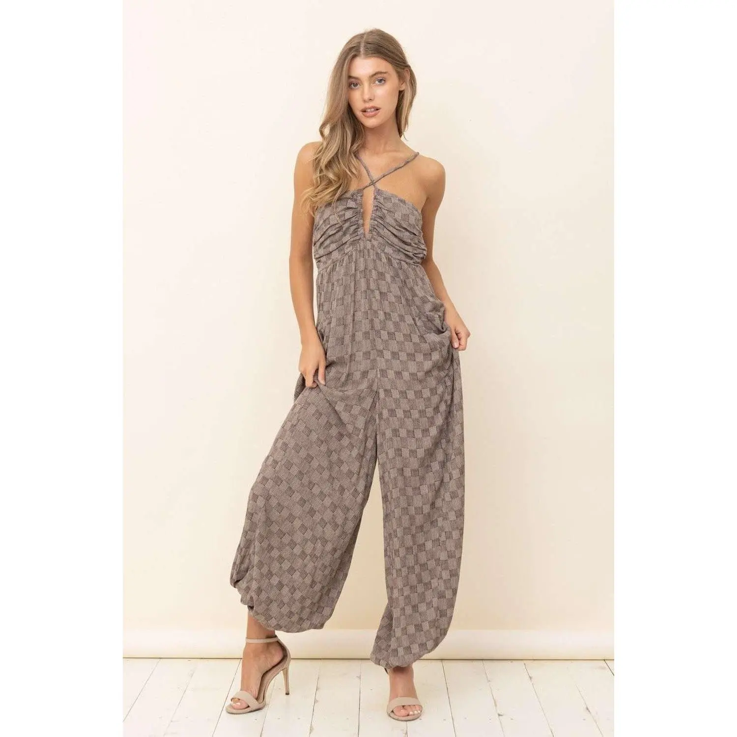Women's In the Beginning Black Print Criss Cross Harem Jumpsuit