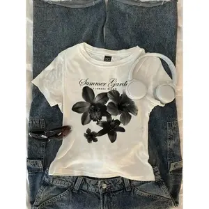 Fashionable Summer Garden Black Flower Pattern Baby T-shirt | Super Soft Elastic Cotton | Viral Aesthetics | Street Wear | Women's Youth Casual Summer Daily Wear | Fashionable Slim Short Sleeve Round Neck T-shirtRAIMENTRY