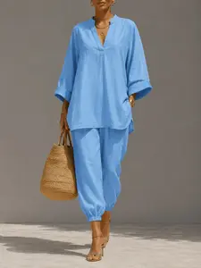 Women's 2026 Chic Aesthetic Casual Lazy Style Solid Color Oversized Shirt Two Piece Set 3/4 Sleeve Ankle Length Wide Leg All Season Daily OOTD Matching Outfit