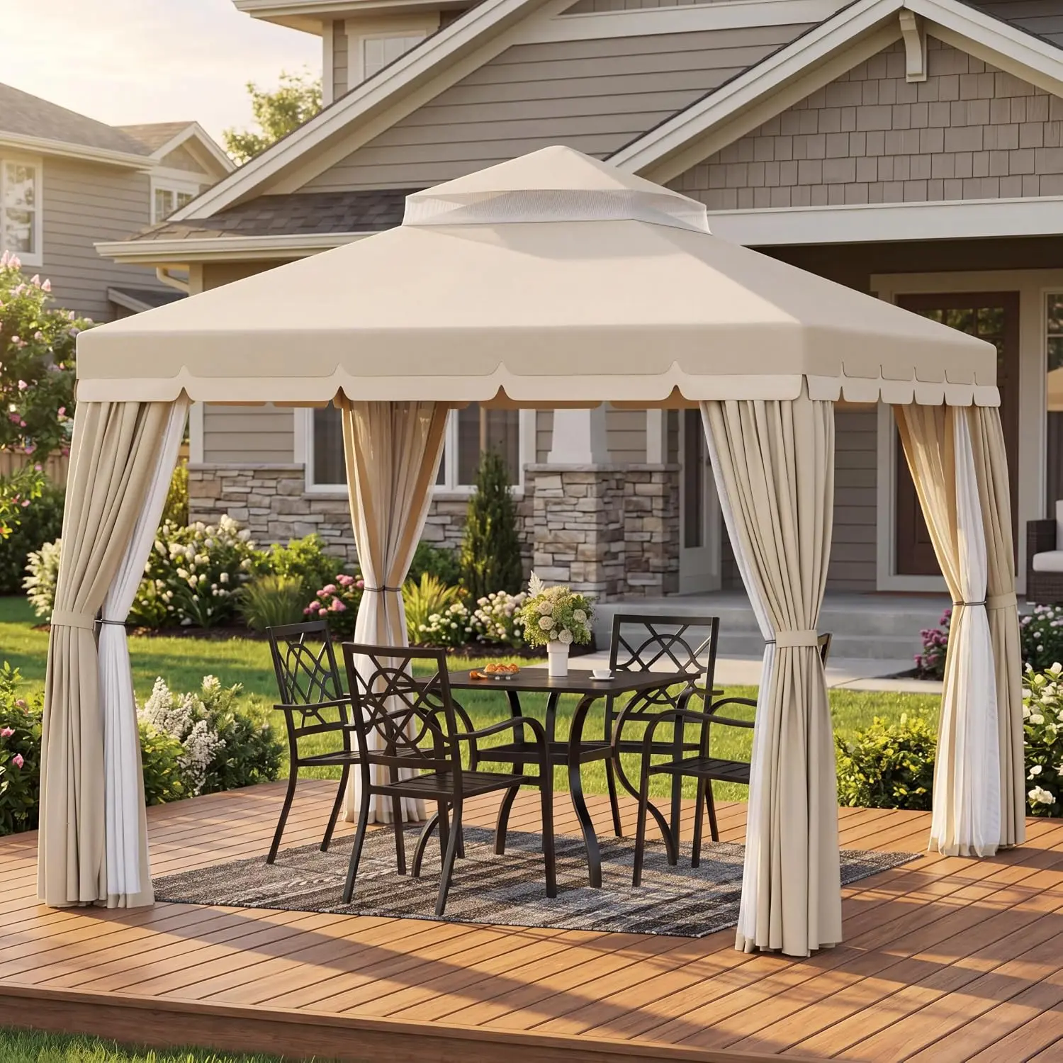 INTERGREAT 10' x 10' Outdoor Gazebo, Heavy Duty Iron Frame Patio Canopy with Vented Soft Top, Breathable Mosquito Netting & Privacy Curtains, Sun Protection for for Garden, Backyard, Poolside, Beige