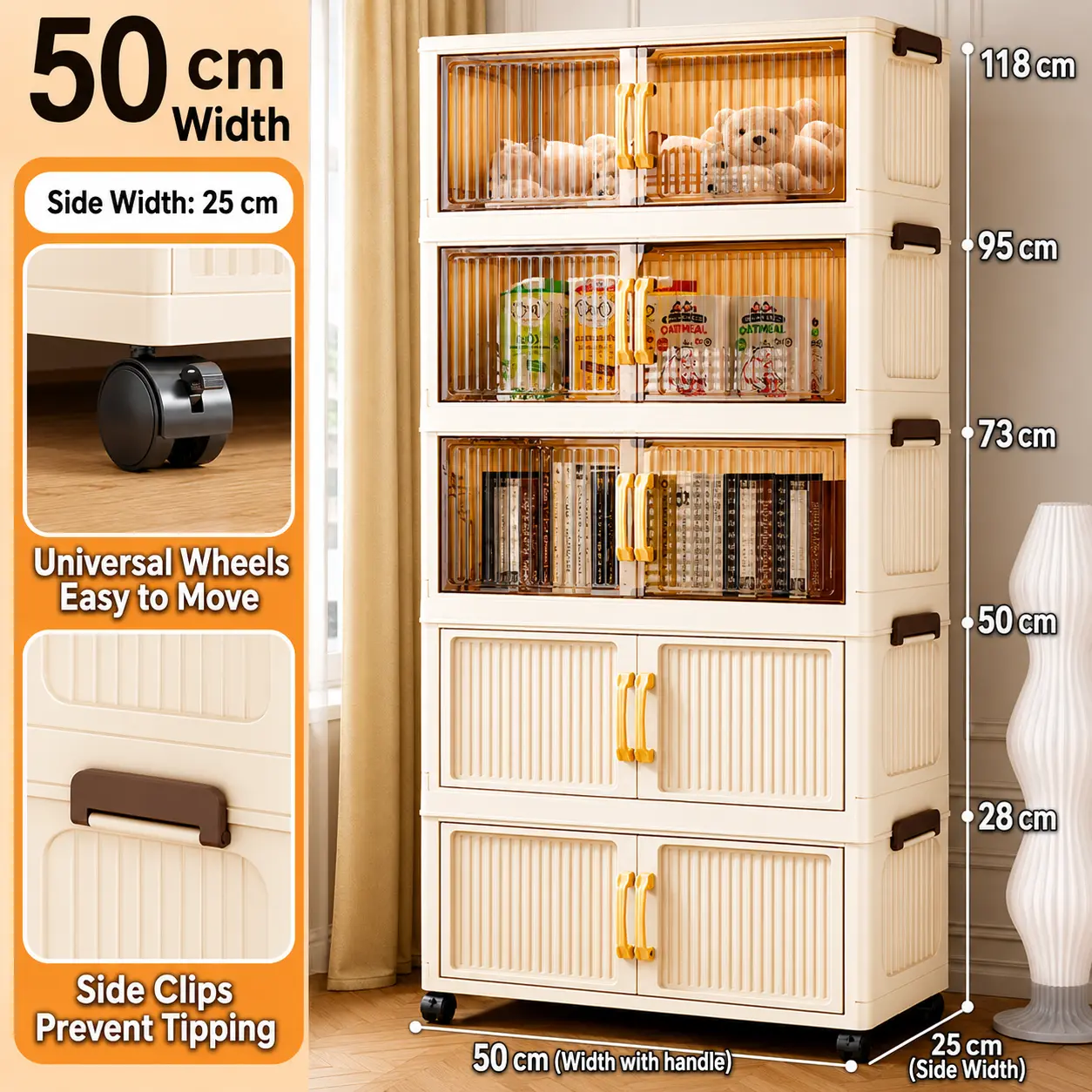 Foldable Storage Cabinet with Wheels, 5-Tier Large Capacity Organizer, Clear Double Doors, Space-Saving Storage for Bedroom, Living Room, Kitchen & Pantry