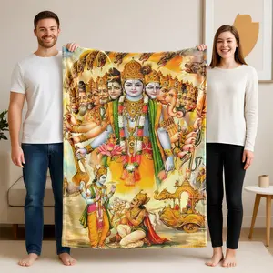 1 piece The multi-faced manifestation of the god Vishnu and the scene of the Mahabharata battlefield. themed Flannel Throw Blanket - Microfiber fluffy flannel sofa blanket, suitable for beds and sofas, modern design, all-season multi-purpose use