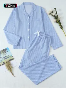Women's Sleepwear Loungewear Set, Sweet Casual Fitted Home Clothes, Long Sleeve Woven Nightshirt with Bow Pants, Pocket Design, Elegant Striped Pajamas
