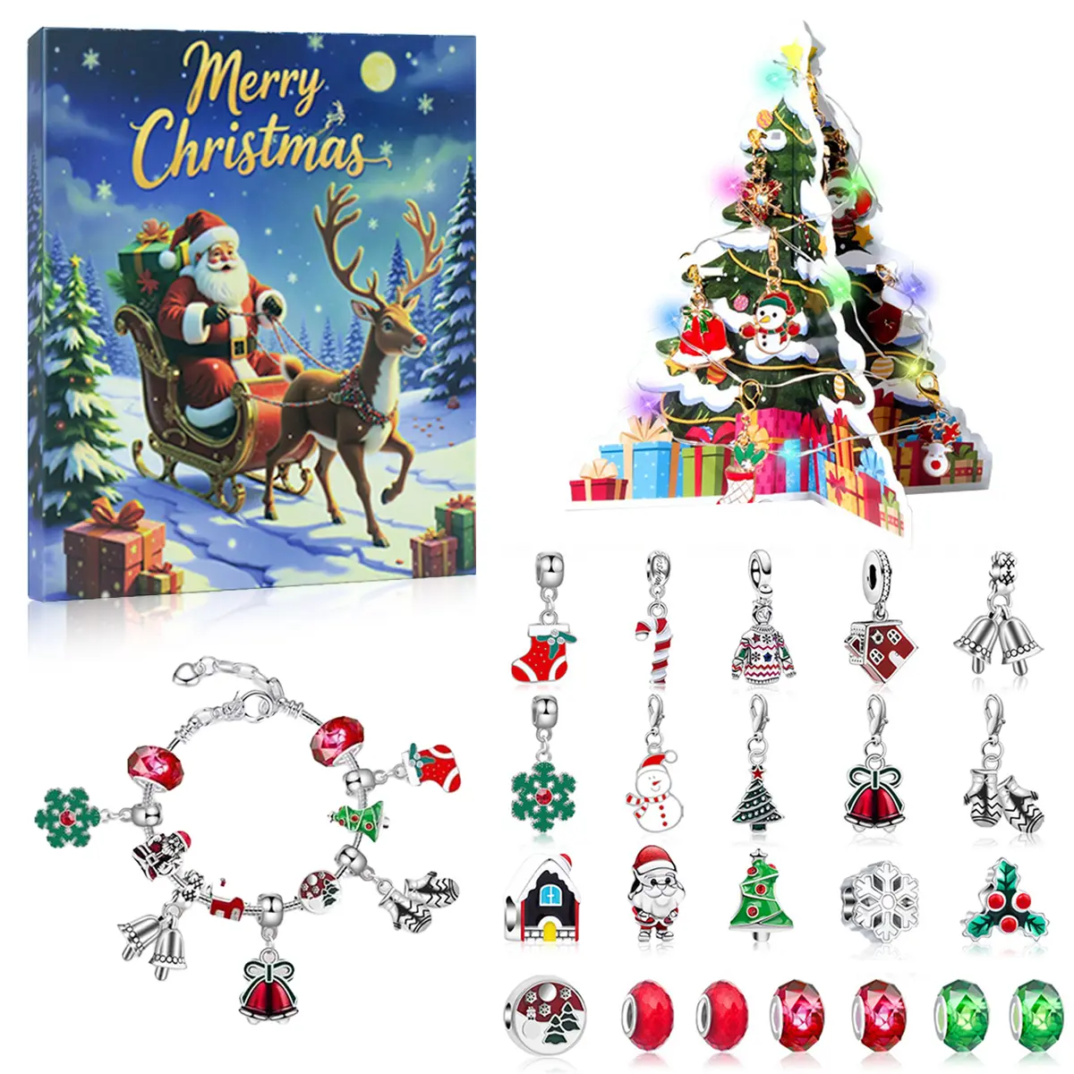 Christmas Advent Calendar Bracelets 2026 for Girls, 24 Days DIY Jewelry Making Kit with 22 Charm Beads and 2 Adjustable Bracelets, Xmas Countdown Gift for Kids Teens Women