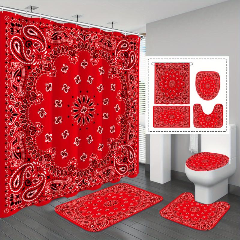 1/4pcs Red Bandanna Pattern Shower Curtain Set, Waterproof Shower Curtain With 12 Hooks, Non-Slip Bath Rug, U-Shape Mat, Toilet Lid Cover Pad, Bathroom Sets Rugs Shower Curtain Full Set, Bathroom Accessories, Home Decor