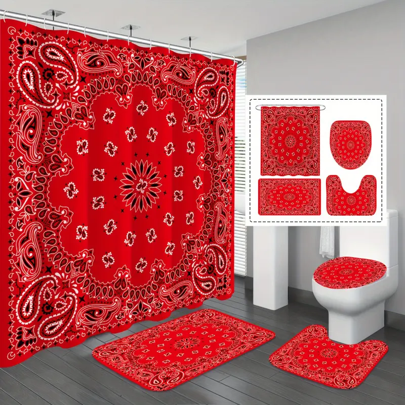 1/4pcs Red Bandanna Pattern Shower Curtain Set, Waterproof Shower Curtain With 12 Hooks, Non-Slip Bath Rug, U-Shape Mat, Toilet Lid Cover Pad, Bathroom Sets Rugs Shower Curtain Full Set, Bathroom Accessories, Home Decor