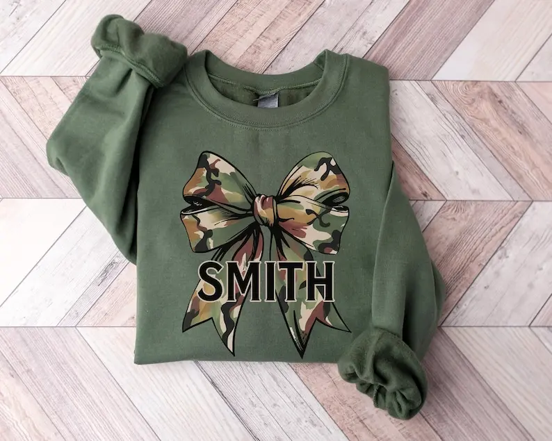 Custom Military Name Bow Sweatshirt, Military Wife Girlfriend Gift, Deployment Gift