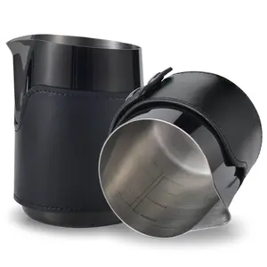 Milk Frothing Pitcher for Latte Art Handeless Design Stainless Steel with Real Leather Grip, 14 oz (400 ml) Espresso Steaming Pitcher Jug