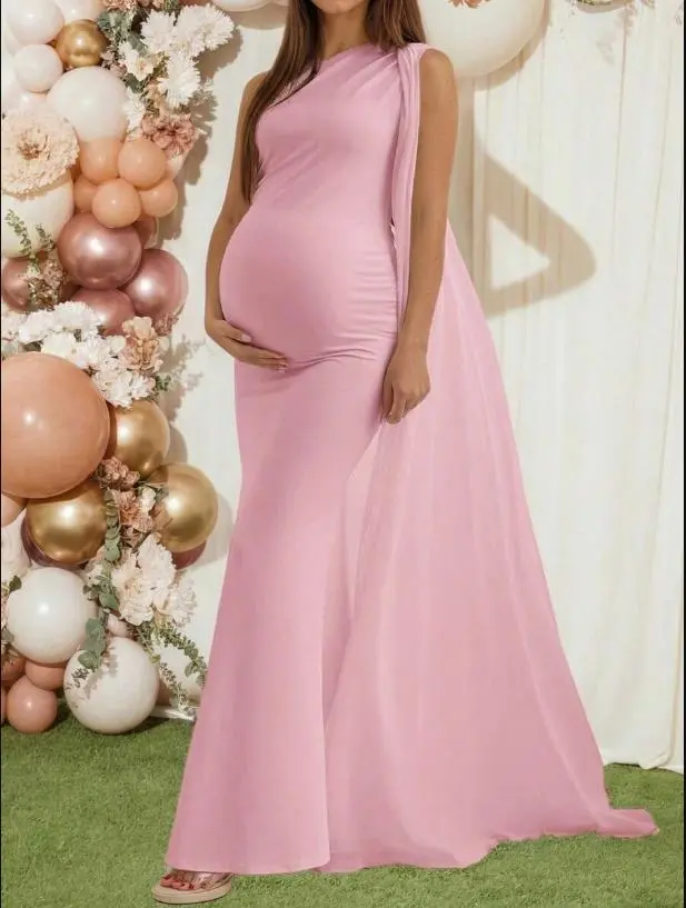 LUNA LAYER Maternity Asymmetrical Neck Sleeveless Stretch Knit Ruched Mermaid Maxi Dress Pink