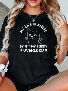 [Oversized Fit Cat Graphic Tee] Plus Size Casual Cat Graphic T-Shirt for Women, Polyester Blend, Crew Neck, Short Sleeve, Slight Stretch, Knit Fabric, Geometric Pattern, Oversized Fit, for Spring/Summer