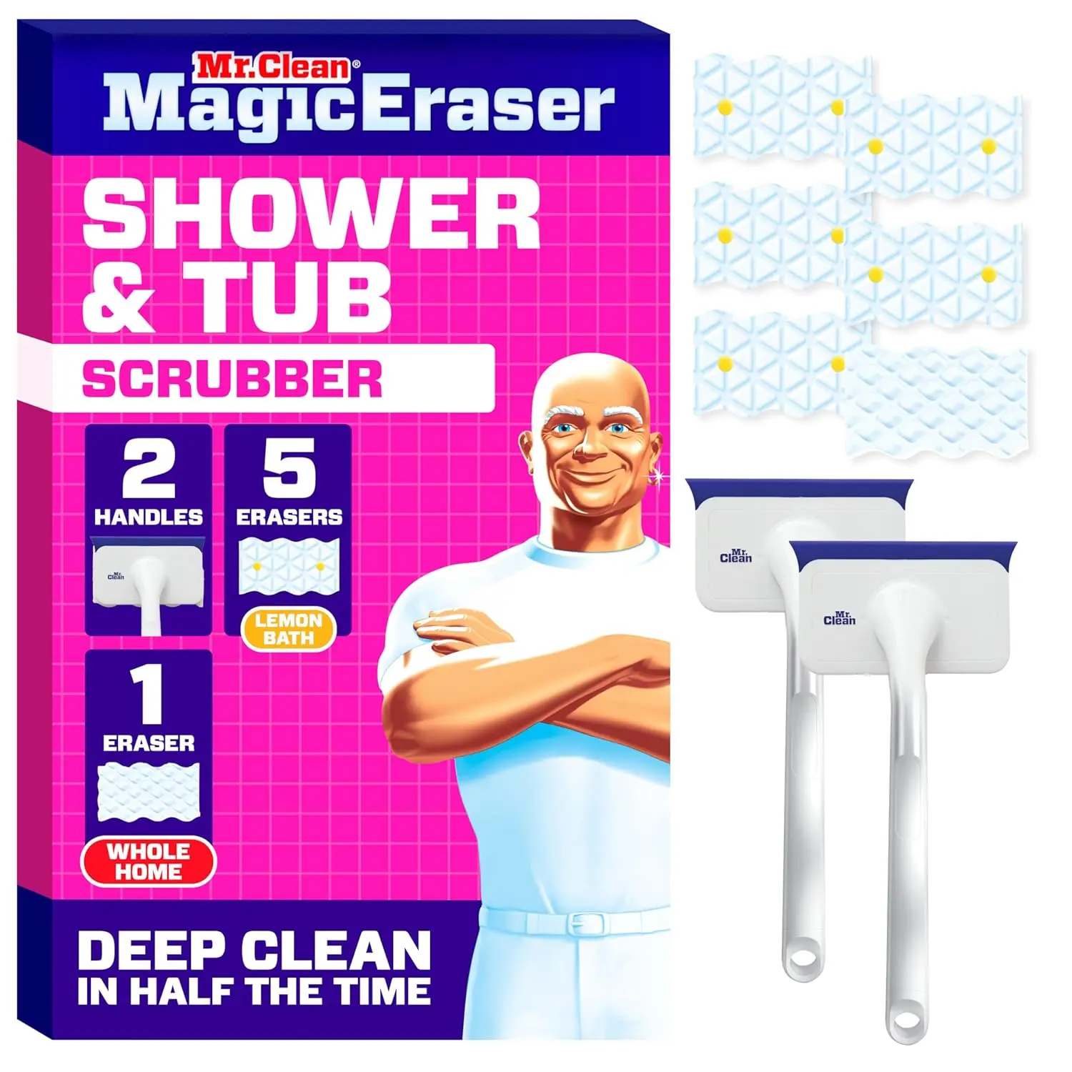 Mr. Clean Magic Eraser Shower & Tub Scrubber, Bathroom Cleaner, All in One Bathroom Cleaner, Lemon Starter Kit, 1 Scrubber & 2 Foaming Magic Erasers