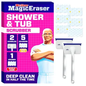 Mr. Clean Magic Eraser Shower & Tub Scrubber, Bathroom Cleaner, All in One Bathroom Cleaner, Lemon Starter Kit, 1 Scrubber & 2 Foaming Magic Erasers