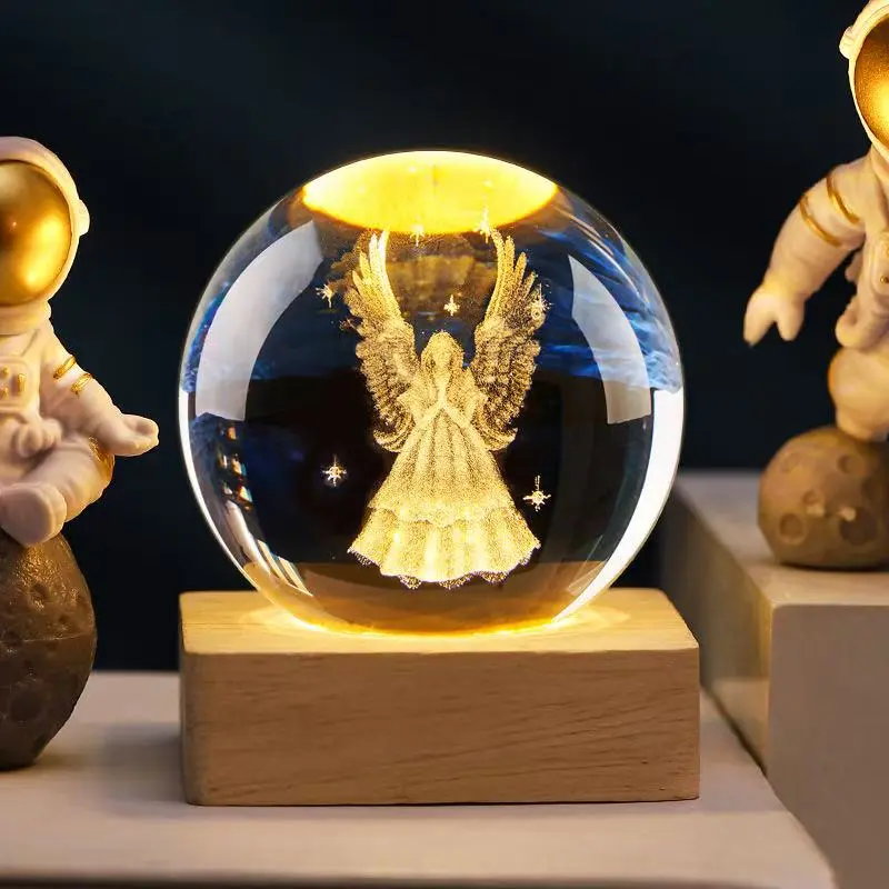 3D  Crystal Ball Night Light, LED Solar System Crystal Ball Night Light with Wooden Base, Moon Planet Crystal Ball Lamp for Boys Girls Family Friend