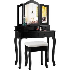 Vanity Table Set with Tri-Folding Mirror and 4 Drawers, Modern Bedroom Bathroom Dressing Table Makeup Desk with Cushioned Stool, for Women Girls (Black)European style three mirror four drawer dressing table small bedroom simple classical small table dress