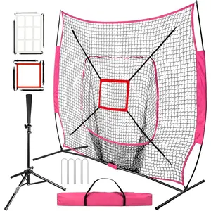 7'x7' Baseball Softball Practice Net,Baseball Backstop,with Batting Tee,for Hitting Pitching Batting Catching with Bow Frame,Bonus Strike Zone