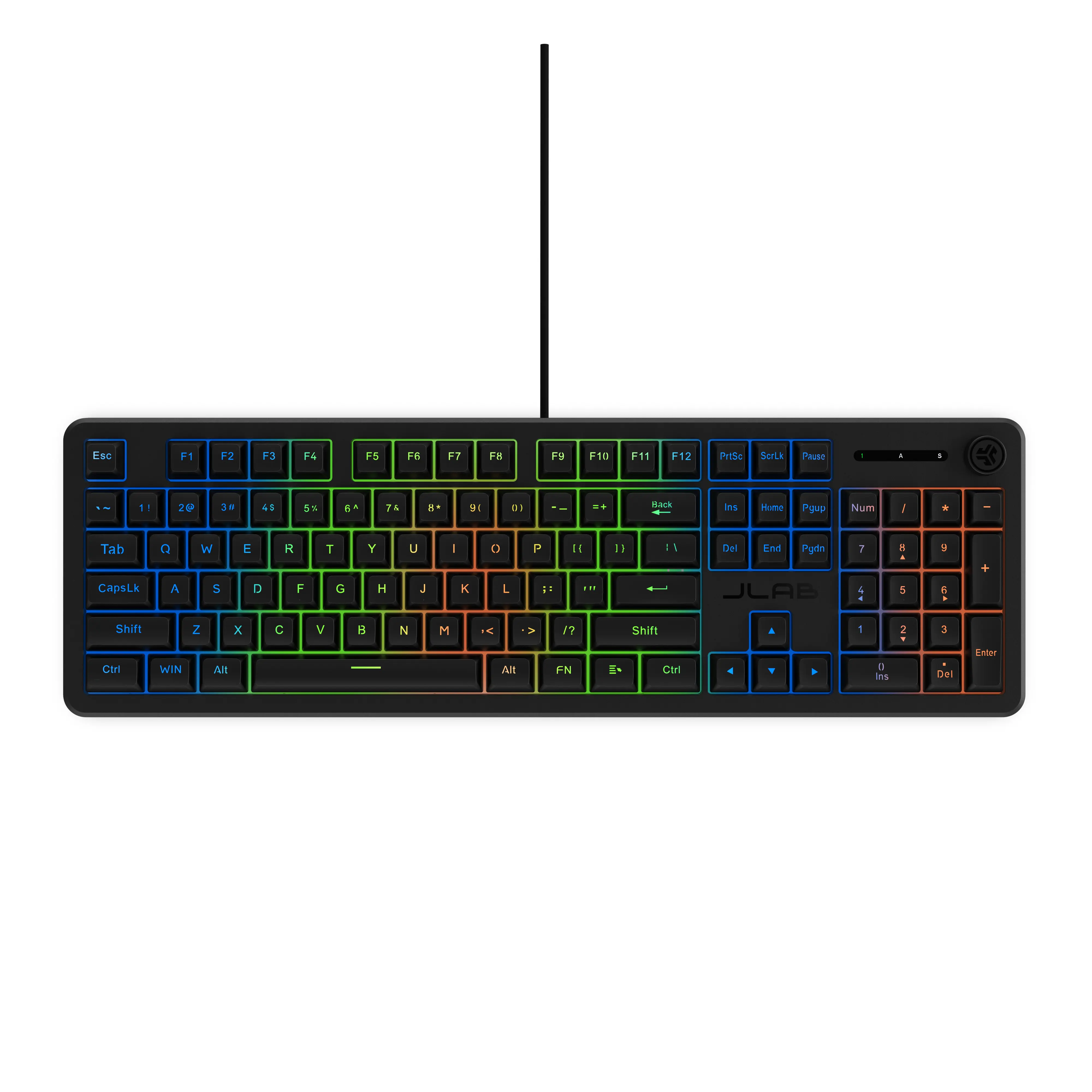JLab Nightfall Full-Size Wired Gaming Keyboard - Membrane Switches, Zone RGB, 1000Hz, 19-Key Rollover, Media Knob, Spill-Resistant