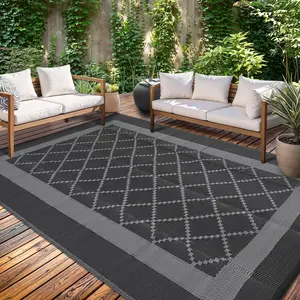 Outdoor Rug Waterproof Reversible Mat Camping Rugs Indoor Outdoor Rugs Carpet with 4 Stakes & Portable Bag Large Plastic Straw Rug for Patio Deck Balcony Pool RV Camping, Black & Grey