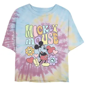 Juniors Womens' Mickey & Friends Groovy Hearts and Smilies Logo Cropped T-Shirt