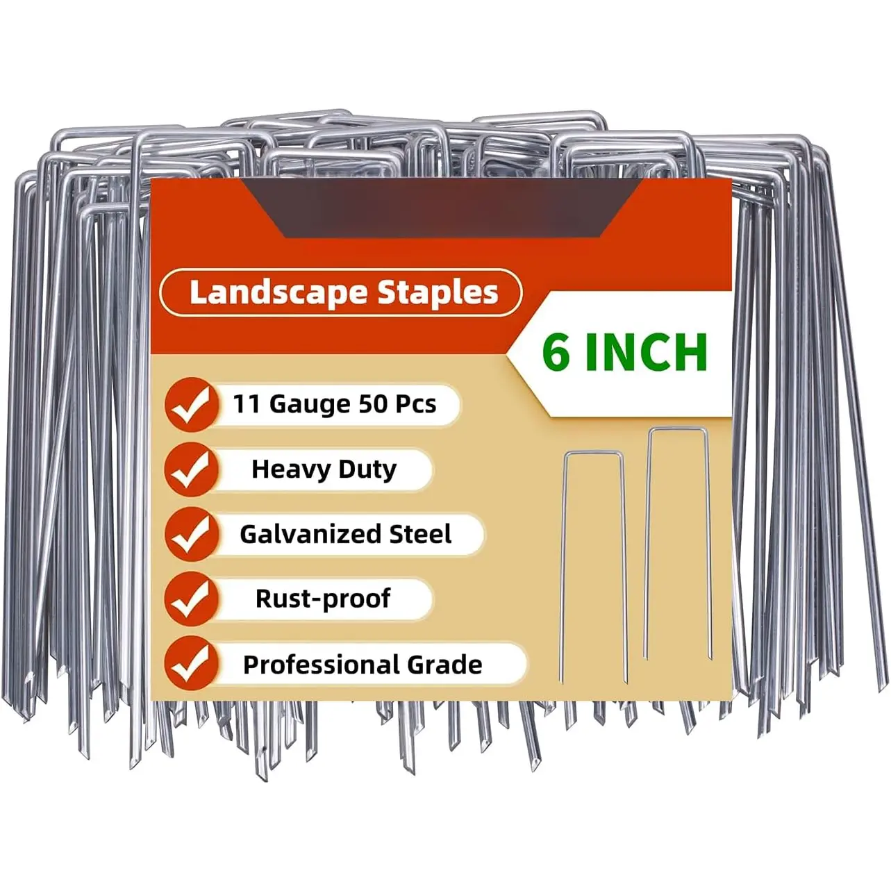 Landscape Staples Galvanized U-Shaped Garden Stakes, 6 Inch 50 count Garden Staples, Yard Stakes, Stakes for Inflatables, Irrigation Tubing, Holding Fence, Tarpaulin (50, 6 INCH)