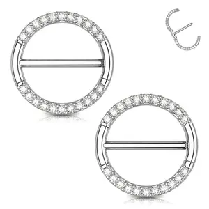 Oufer 14G Pair Circular CZ Clicker Nipple Shield Jewelry 316L Stainless Steel