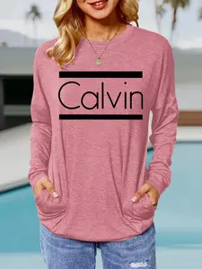 Women's Spring & Fall Calvin Print Round Neck Long Sleeve Pullover, Loose-Fit Casual Top with Pockets, Comfortable Breathable Fabric