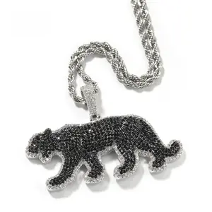 Real Gold Plated Black Leopard Pendant Necklace for Men, Luxury Hip Hop Animal Necklace, American Street Style Statement Jewelry, Black Crystal Paved Leopard Charm, Premium Copper Base, High-End Urban Fashion Iced Out Pendant, Rapper Style Men's Jewelry