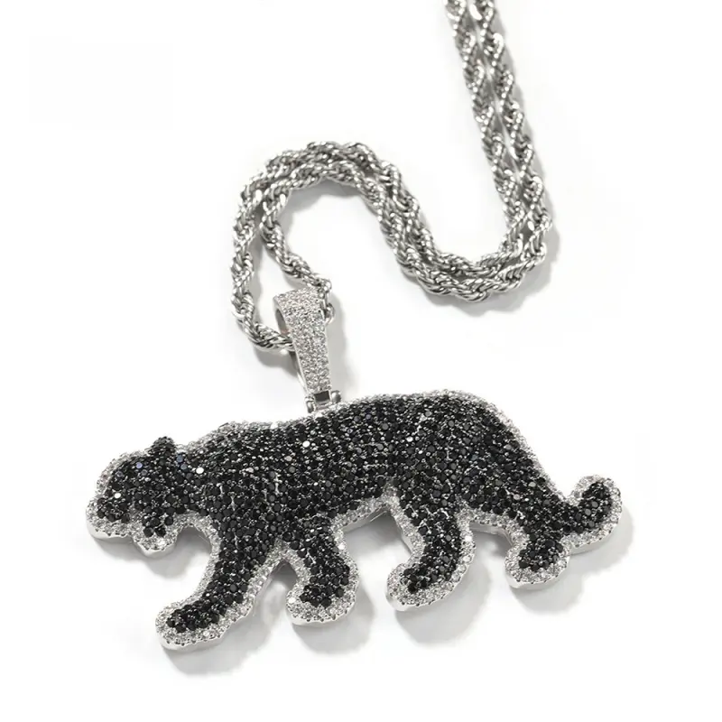 Unisex Gold-Plated Copper Hip Hop Leopard Pendant Necklace with Black Crystals, Urban Fashion Statement Costume Jewelry, Hip Hop Rapper Jewelry