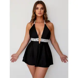2026 New Black Halter One-Piece Swimdress Women's Silver Pattern Ring Deep V Tummy Control Bathing Suit for Beach Vacation, Sexy & Luxe StyleBikini set,spring glow,mesh top