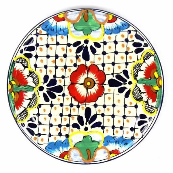 Encantada MC281D 8 in. Traditional Handmade Pottery Trivet-Wall Hanging, Dots & Flowers Design, Home Room Decor