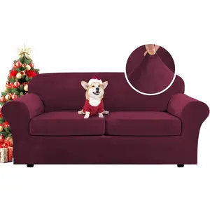 H.VERSAILTEX Real Velvet Plush 3 Piece Stretch Sofa Covers Couch Covers for 2 Cushion Couch Sofa Slipcovers Width up to 90 Inch Feature Thick Soft Stay in Place (Large Sofa, Burgundy) H.Versailtex