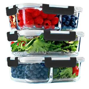 1 & 2 & 3 Compartment Glass Meal Prep Containers with BLACK Lids (3 Pack, 35 oz)