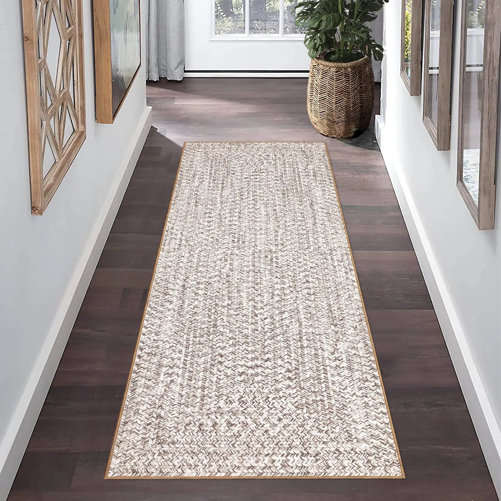 2x10 Modern Washable Area Rug, Soft Non-Slip Carpet for Living Room & Bedroom, Large Farmhouse Throw Rug, Non-Shedding, Stain Resistant (Beige)