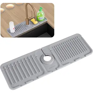 Faucet Mat for Kitchen Sink – Silicone Splash Guard with Fast-Drying Properties, Protective Sink Tray with Cuttable Center for Stone Sinks, Grey