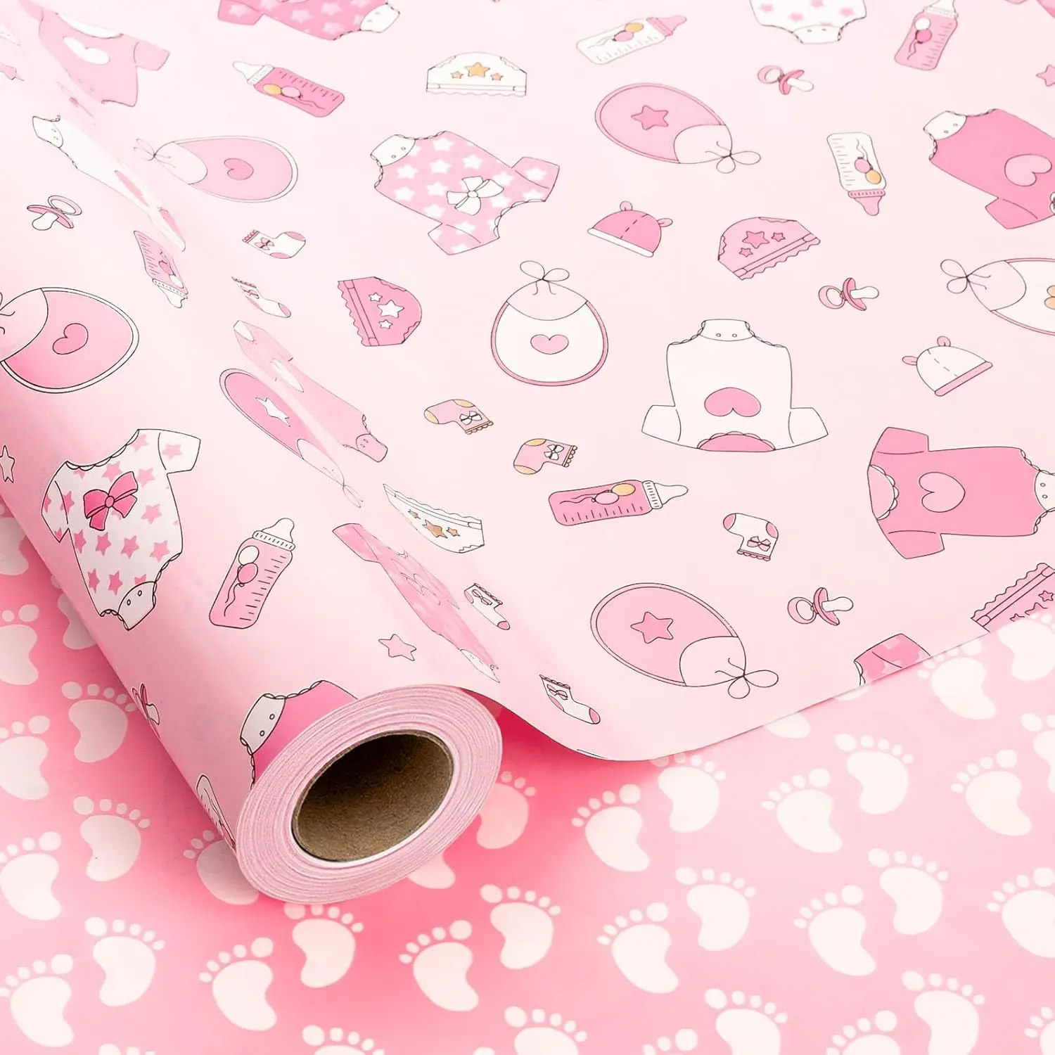 MAYPLUSS Baby Pink Girl Gift Wrap Paper, 17in x 33ft - Premium Office Wrapping Supplies with Adorable Pink Baby Onesies, Bottles, Footprints