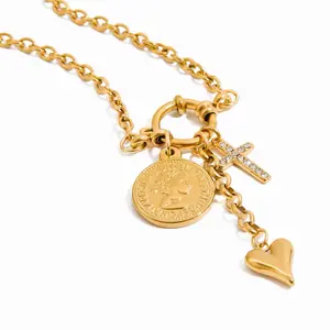 Amora Charm Necklace 18K Gold PVD Waterproof Pendant with Coin Cross & Women Daily Wear