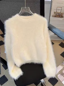 Women's White Fuzzy Sweater, Winter Warm Elegant Eyelash Knit Pullover, Soft Fluffy Crew Neck Long Sleeve Top