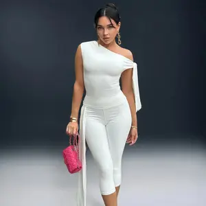 Women's Asymmetrical Knot Top & Capri Set - Elegant Ruched Blouse & High-Waist Pants Minimalist White Suits Tight-Fitting Style Machine Washable Fashion Womenswear 2 piece set matching sets women beach vacation outfit loungesetwomen
