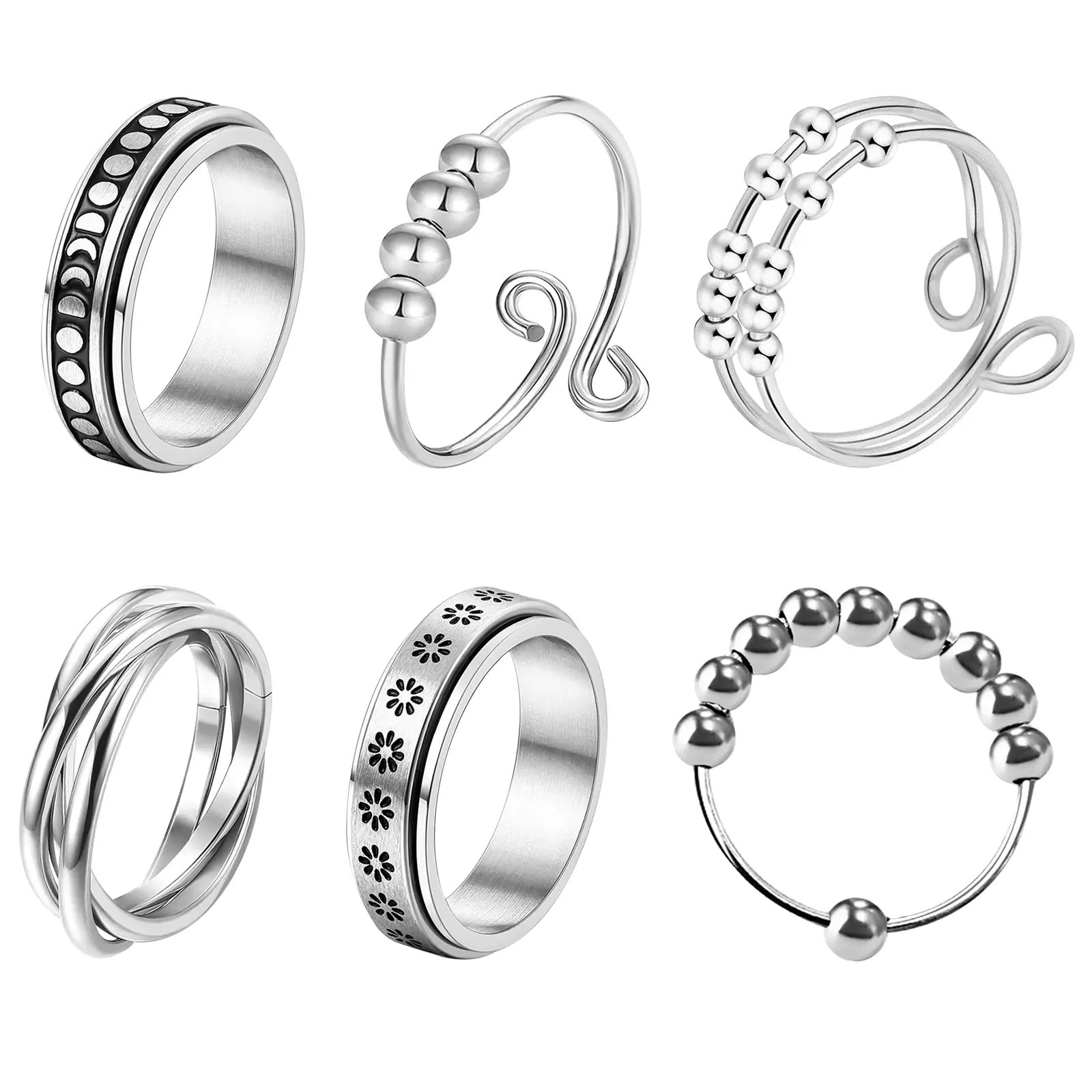 OIDEA Women's 6-PC Stainless Steel Anxiety Fidget Spinner Ring Set - Statement Beaded, Unit Set, Rotating Bead Flower Sun Moon Stackable Friendship Birthday Gift Bands, Statement Beaded Rings, Unit Set Rings