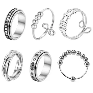 OIDEA 6PCS Womens Spinner Ring Set Stainless Steel Anxiety Fidget Rotating Bead Flower Sun Moon Stackable Friendship Birthday Gift Bands