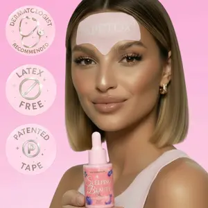 TapeTox Full Forehead Patches & Remover Oil, pre-cut, wrinkle smoothing, fine lines, collagen boost, anti-aging, firming, lifting, hydration, plumping, forehead patches, Japanese face tape, skin tightening, rejuvenating, wrinkle repair, smooth skin