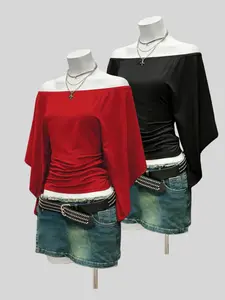 Elegant One Shoulder Flare Sleeve Fitted Women's T-Shirt Top Set, Trendy Chic Two Piece, Casual Fashion for Daily Wear, Perfect for Spring & Fall