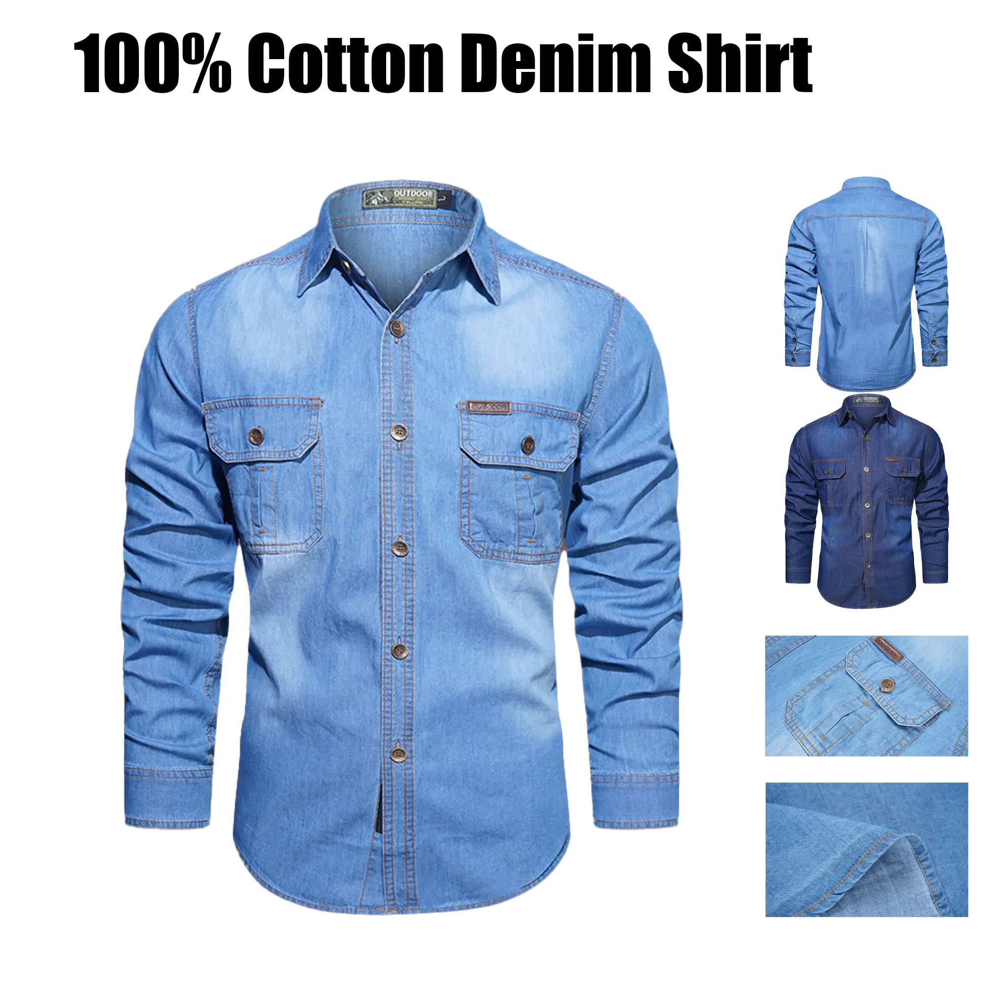 Men’s washed denim work shirt, pure cotton, breathable long sleeves, outdoor casual design with multiple pockets