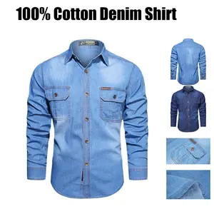 Men’s washed denim work shirt, pure cotton, breathable long sleeves, outdoor casual design with multiple pockets