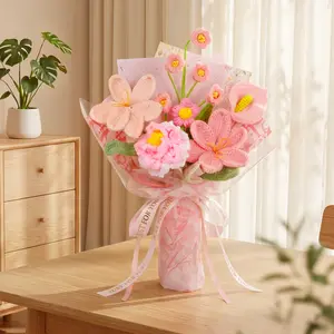 RIDDSEE Crochet Flower Bouquet, Pink Handmade Knitted Flowers, Crochet Tulips Rose Galsang Flower for Mother's Day Anniversary Birthday Graduation Lover Valentines Day Gifts (with Card & gift bag)