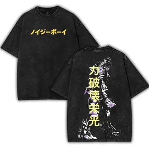 Vintage acid-washed black oversized tee with Japanese katakana quote & samurai-inspired silhouette print, edgy streetwear style, soft pure cotton fabric, perfect for casual daily and st