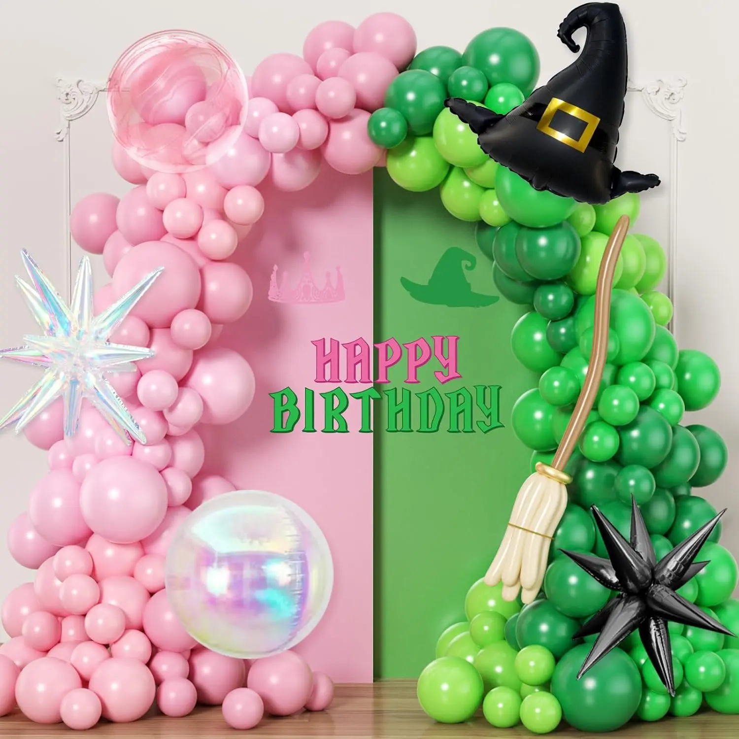 218-Piece Pink & Green Balloon Arch Kit Iridescent Stars & Wizard Hats for Princess & Witch Party