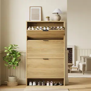 Shoe Storage Cabinet for Entryway, 32" Wide Fluted Shoe Cabinet with 3 Flip Drawers Doors, Shoe Rack Tall Freestanding Shoe Organizer for Entrance, Hallway, Living Room, Natural