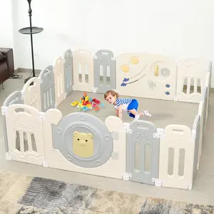Baby Playpen with Lock Door,Adjustable Game Panel,Foldable Toddlers Play Yard, 18-Panel Safety Kids Fence for Indoor & Outdoor,Baby Gate Activity Centre, Gray White
